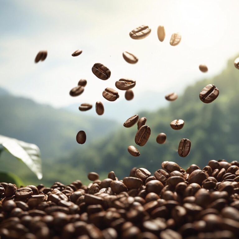 dropping coffee beans in the air with mountain background